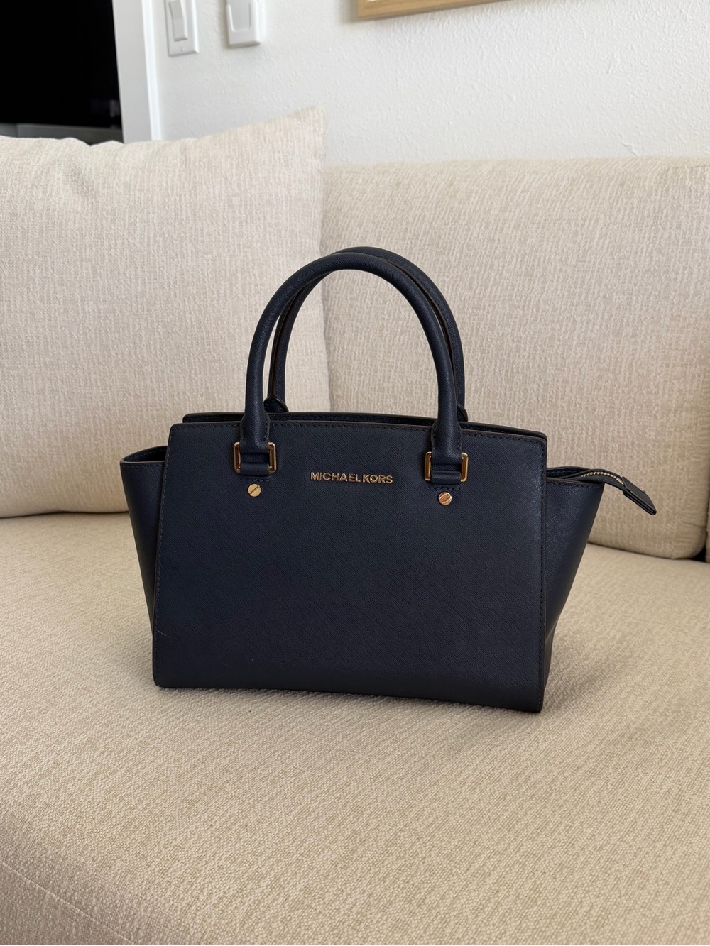 Michael Kors Navy Saffiano Satchel with Gold Accents